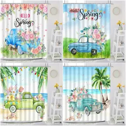 Shower Curtains Spring Truck Curtain Farm Flower Farmhouse Seaside Sunflower Hummingbird Butterfly Hello Beach Bathroom Decoration