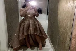 Brilhando lantejoulas alta baixa vestidos de noite 2020 tripulação pescoço mangas compridas plus size uma linha formal vestidos de festa vestido de baile8253728