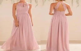 2022 Blush Pink Bridesmaid Dresses Long Country Style Halter Neck spetschiffon full längd Aline Formal Wedding Guest Party Dress4399161