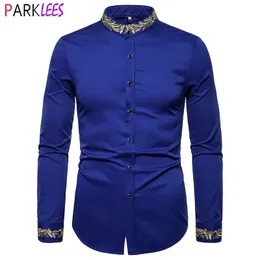 Mens Royal Blue Gold 자수 드레스 셔츠 브랜드 만다린 칼라 슬림 한 긴 소매 셔츠 남자 파티 웨딩 디너 화학 240318