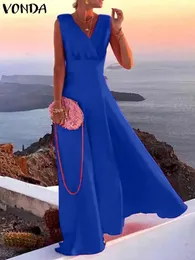 Casual Dresses Summer Vonda Overdimensionerade kvinnor Maxi Long Dress 2024 Sexig djup V-ringad solid färg Sundress ärmlös satinrock