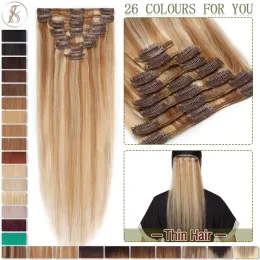 Наращивание TESS Clip In Human Hair Extensions Прямые человеческие волосы NonRemy 8 шт./компл. Тонкие волосы на всю голову Шиньон Ombre Highlight Заколка для волос