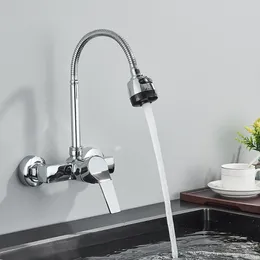 Kitchen Faucets Chrome Wall Mounted Dual Hole Faucet Lead Free Cold Water Mixer Tap Stream Spray Bubbler 360 Rotation Flexible Pipe
