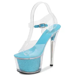 Klänningsskor Shuzumiao 2021 Womens Nightclub Super High Heels 17cm 15cm stilettplattform Transparent Crystal Sandals för show ladimea3D H240321