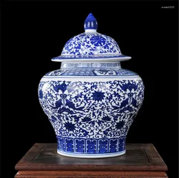 Flaskor blå och vit porslinspott jingdezhen stor kinesisk keramisk förvaringsburk pickle tempel