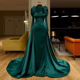 Hunter Green Muslim Arabic Evening Dresses Mermaid 2022 Luxury Crystal Pearls High Neck Long Sleeve Pärled Prom Gowns CG0017456702