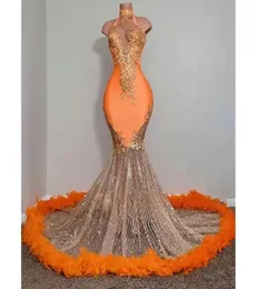 Black Girls Orange Mermaid Prom Dresses 2023 Satin Beading Sequined High Neck Feathers Luxury Skirt Evening Party Formal Gowns For5919182