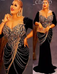 2022 아랍어 ASO EBI Black Mermaid Prom Dresses 레이스 구슬 크리스탈 저녁 공식 파티 두 번째 리셉션 생일 약혼 GOWN3419521