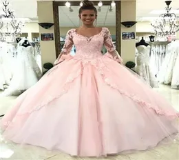 Abito da ballo a maniche lunghe di design Abiti Quinceanera Treno Applicazioni di pizzo Perline Tulle Abiti da festa di compleanno principessa Abito dolce 16 3669028