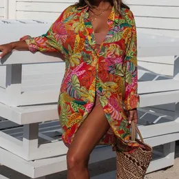 Abiti casual Abito camicia monopetto bohémien primaverile Stampa modello vintage Tasca da spiaggia 2024 Maniche lunghe larghe per le donne