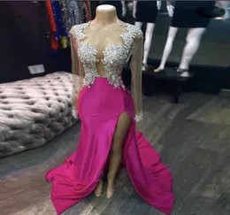 Illusione sexy fucsia sirena abiti da ballo coscia alta spacco 2021 appliques pizzo trasparente manica lunga abito da spettacolo occasioni speciali3275485