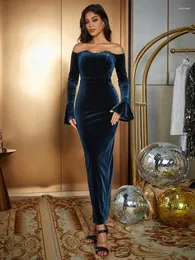 Casual Kleider Sexy Off Schulter Lange Ärmel Spitze Patchwork Kleid Frauen Blau Velet Flare Bodycon Elegante Abend Party Club