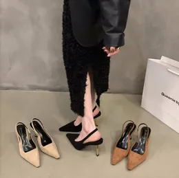 Sandali con tacco alto a punta in pelle scamosciata nera per eleganti sandali da festa di nozze da donna per scarpe singole con temperamento da donna primavera estate