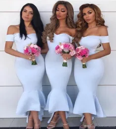 Elegant utanför axeln Satin Mermaid Bridesmaid Dresses 2019 Ruched High Low Formal Party Wedding Guest Maid of Honor Dresses BM3779451