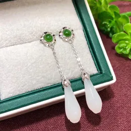 Kolczyki Dangle S925 Sterling Silver Magnolia Stud inkrustację naturalne Hetian White Jade Bandors z kroplami wody Jasper InLay