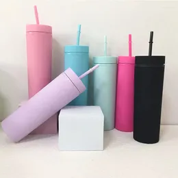 Tumblers 25st/Lot Plastic 16oz Skinny Tumbler Water Bottle Matte Printing Macron Colors med lock Straw Juice Cup för fars gåva