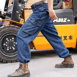 Bawełniane dżinsy dla mężczyzn Warstatanie odpornych na dżinsowe dżinsowe spawania spawane spawane spodnie zagęszczone proste auto naprawy próby naprawcze 240315