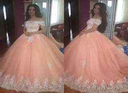 Peach Sweet 16 sukienki Quinceanera Sexy Off na ramię krótkie rękawy suknie balowe sukienka z aplikacją gorset puszysty 2020 vestidos 8073528