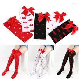 Women Socks Valentines Day Thigh High Bowknot Lip Heart Printed Over Knee Long Stockings For Girls Party Costume