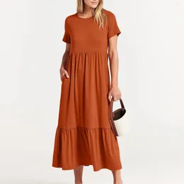 Casual Dresses Tops for Women 2024 Elegant Beach Short Sleeve Crewneck Swing Dress Flowy Tiered Maxi Robe Ete Femme