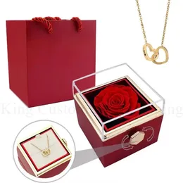 Вечная настоящая роза в коробке, сохраненная роза с двойным сердцем, стальное ожерелье с гравировкой имени на заказ, ювелирное изделие на день Святого Валентина, подарок 240315