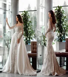 Oksana Mukha Vestidos de casamento colher mangas compridas sem costas trem destacável vestidos de noiva rendas apliques contas lantejoulas sereia Weddin4145577