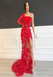 Setwell One Shoulder Mermaid Evening Dresses Lace Appliques High Split Floor Length Red Prom Party Gowns8638909