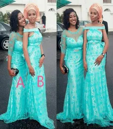 Turquoise Two Styles Arabic Bridesmaid Dresses For Wedding Lace Covered Satin Mermaid Maid Of Honor Gowns Women Prom Party Dresses7022460