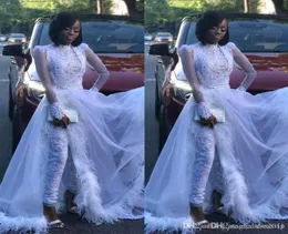 White Women Jumpsuit With Detachable Train High Neck Lace Appliqued Crystal Long Sleeve Prom Dress Luxury Feather Formal Evening G9570756