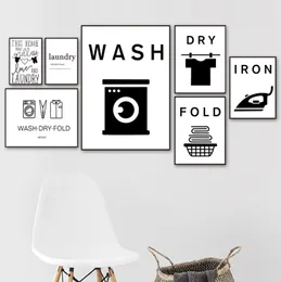 Wash Dry Fold Iron Tvätt Roligt skylt Citat Wall Art Canvas Målning Nordiska affischer och tryck Väggbilder för badrumsdekor8958246