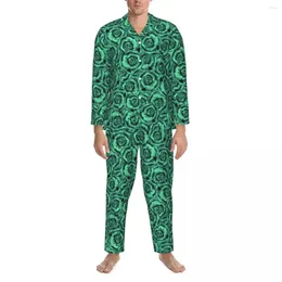Erkekler pijama gülü çiçek pijama setler yeşil çiçekler güzel bayan uzun kollu rahat uyku 2 adet gece kıyafetleri büyük boy xl 2xl