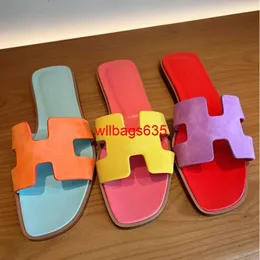 Leather Sandals Oran Womens Slippers HB 2024 Summer New Rainbow Color Block Slippers Womens Genuine Leather One Line with Flat Bottom Sandals fo have logo XNNU