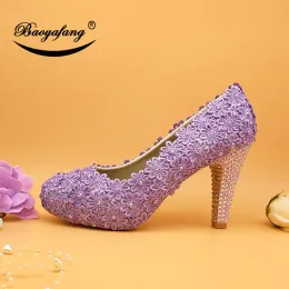 Pumps Baoyafang Neuankunft 10 cm violette Blume Hochzeitsschuhe Braut Lila Spitzenschuhe Frau glänzende Kristallparty -Kleidschuhe Lavendel Lavendel