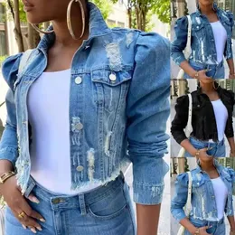 2023 Summer Womens Denim Coat Loose Street Washed Holes Longsleved Denim Short Coat Casual Coat Y2K kläder 240311