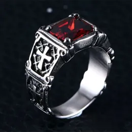 Anel de pedra preciosa vermelha gótica cristã, cruz de ouro 14K, joia amuleto de oração católica vintage para homens