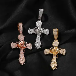 Hip Hop Rose Flower Classic Cross Pendant Halsband tröja kedja 5A Zirkon Mens religionsmycken