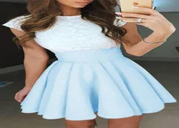 2020 Light Sky Blue Lace Graduation Short Prom Dresses Mini Homecoming Party Cocktail Dress for Girls Formal Bateau Neck Satin RUC8424168