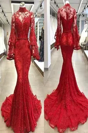 Red Elegant Prom Dresses High Neck Lace Appliciques Poet Long Sleeves Cocktail Party Gowns Sweep Train Mermaid Evening Dresses 8822246
