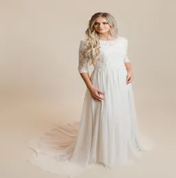 Aline Abiti da sposa modesti con 34 maniche Gioiello girocollo con perline Applicazioni di pizzo Gonna in chiffon Abiti da sposa LDS Modest Custom5287616