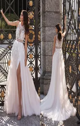 2020 Богемные свадебные платья в стиле бохо с V-образным вырезом и кружевными аппликациями, пляжное свадебное платье с высоким разрезом, свадебное платье со шлейфом, Vestidos De Novia4255134