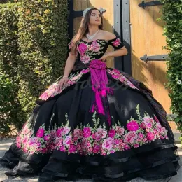 Dresses Mexican Black Quinceanera Dresses Charro With Coloful Emrboidery Velvet Ball Gown Sweet 16 Dress Luxury Elegant Vestidos De Novia