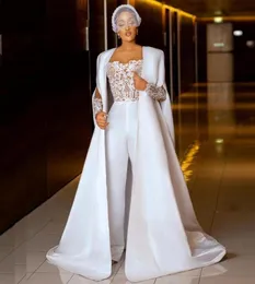 Macacão vestidos de casamento com jaqueta sheer neck renda apliques outift vestido de noiva vestido de casamento de cetim 20212313734