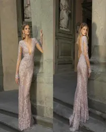 2020 Berta Prom Dresses Deep V Neck Lace Appriqued Beads Sexy Backless Mermaid Evening Gowns Long Sleeve Sermal Party Dress1615167