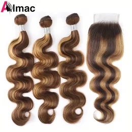 Closure P4/27 Highlight Body Wave 3/4 Human Hair Bundles With 4x4 HD Lace Closure PrePlucked Peruvian Remy Hair Extention 220g/Set