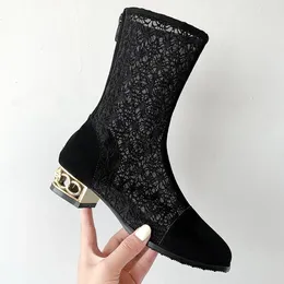 Botas Lace Malha Sandálias para Mulheres Verão Primavera Chunky Heel Respirável Sapatos Estilo Coreano All-Match Hollow Roman