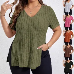 Kvinnors T-skjortor Spring och Summer Solid Color Large Size Jacket V-Neck Kortärmad delad Pit Stripe Sanded T-shirt slitage