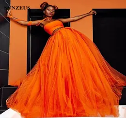 Orange Crop Top Prom Dress Strapless Sexy 2 Piece Party Gowns Long Tulle Black Girl Dress New Vestido Baile de Gala9359211