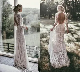 Boho maniche lunghe abito da sposa vintage in pizzo 2020 collo alto aperto sul retro Chic Beach Bohemian abiti da sposa Vestido de novia sirena5700939