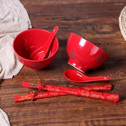 Set di stoviglie Rosso Doppia Felicità Set di stoviglie per matrimonio in ceramica cinese Ciotola per bacchette Cucchiaio