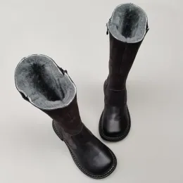 Boots Winter Genuine Cow Leather Real Wool Knight Boots Women Kneehigh Sheepskin Soft Sole Cotton Boots Zipper Flats Shoes